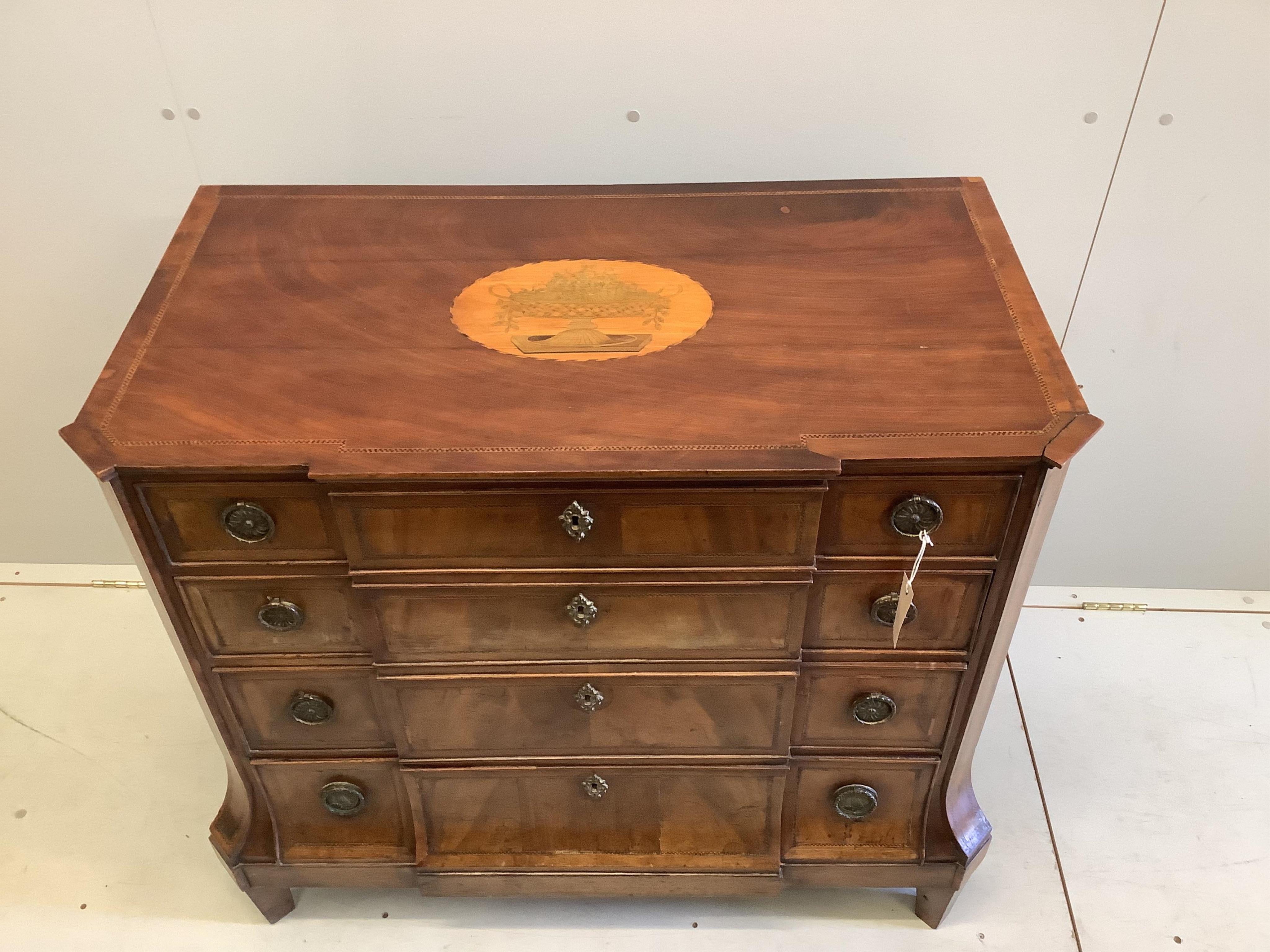 A 19th century Continental inlaid mahogany four drawer chest, width 96cm, depth 51cm, height 87cm. Condition - fair